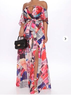 Off-Shoulder Multi-Color Print Maxi Dress